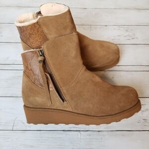 Bearpaw Megan II Suede Faux Snakeskin Trim Wool Blend Lined Boot Bootie